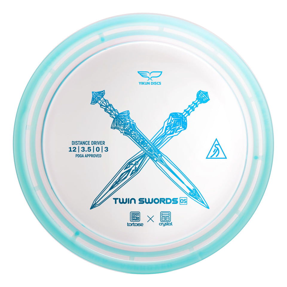 Yikun Twin Swords understable distance driver in transparent blue, ready for long throws