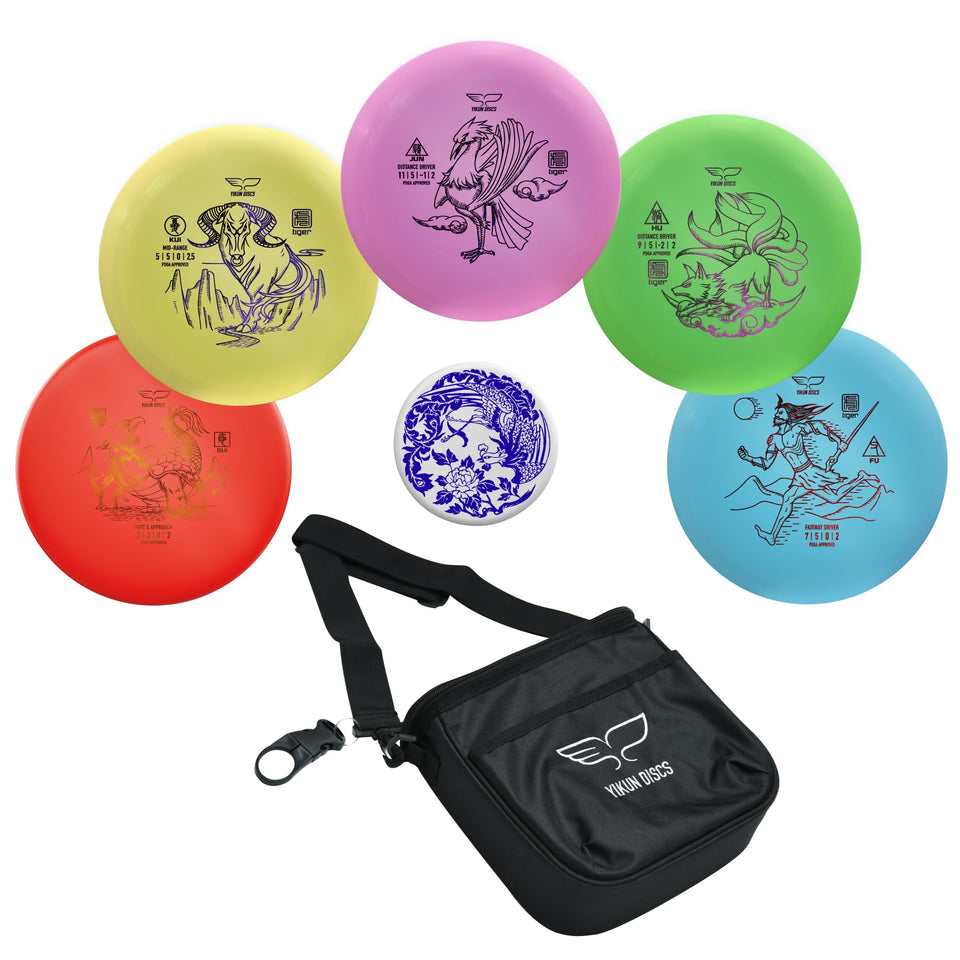 Yikun Disc Golf Starter Set with six discs and bag for beginners