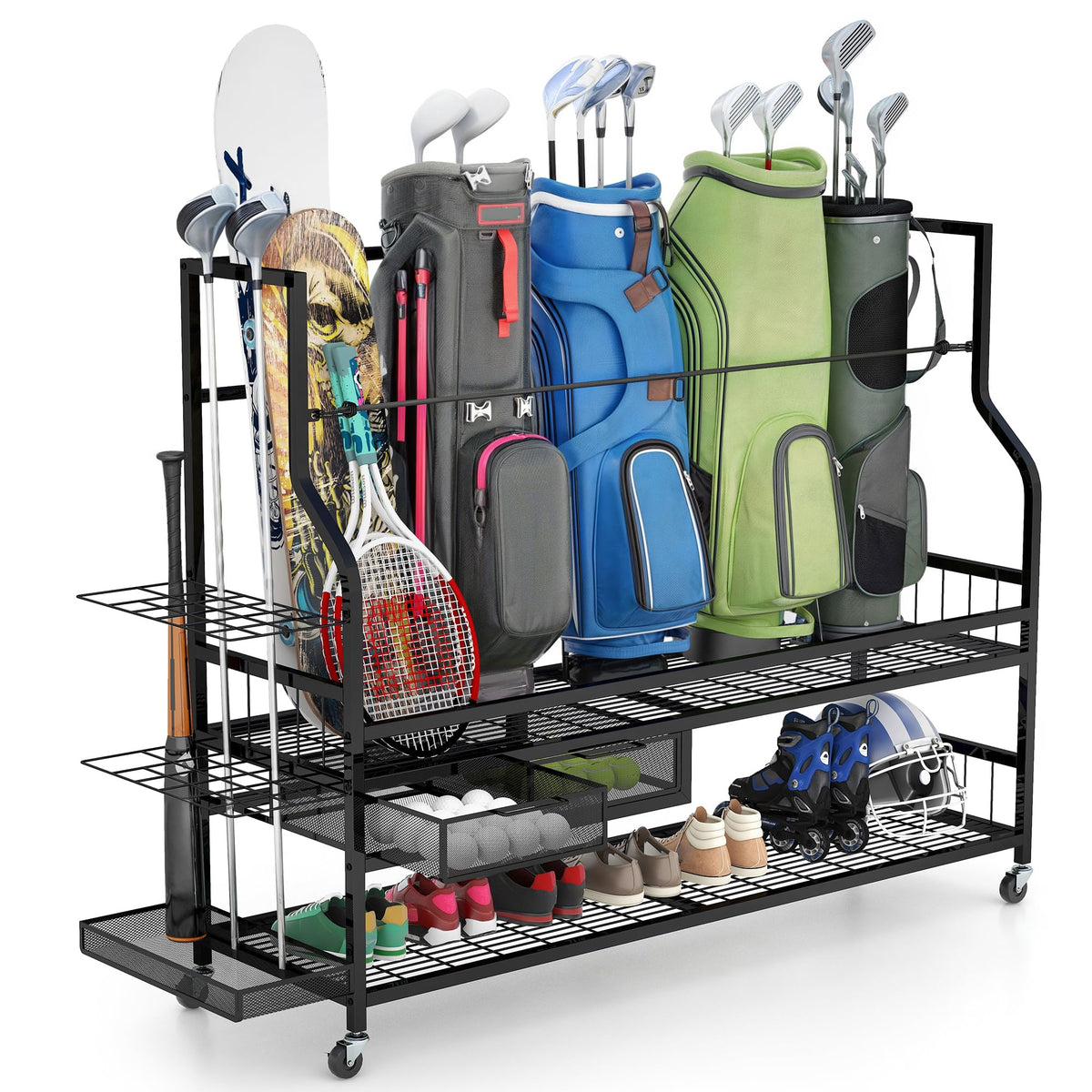 YITAHOME golf bag storage rack front view shows five-bag capacity for easy access