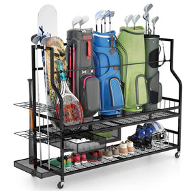 YITAHOME golf bag storage rack front view shows five-bag capacity for easy access
