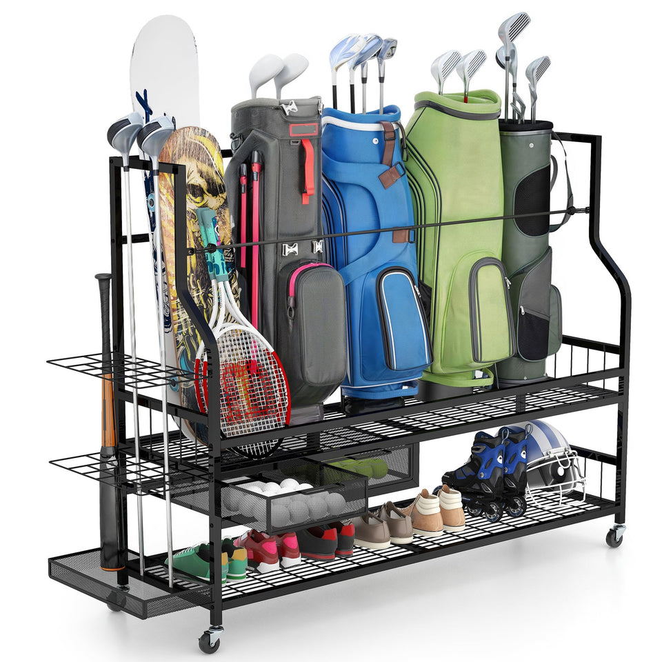 YITAHOME golf bag storage rack front view shows five-bag capacity for easy access