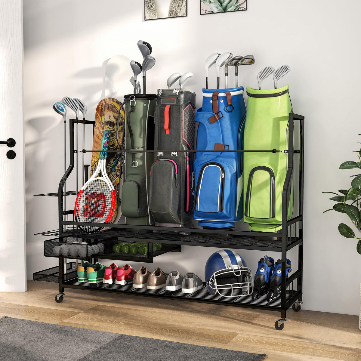 YITAHOME storage rack in a garage demonstrates versatile home organization