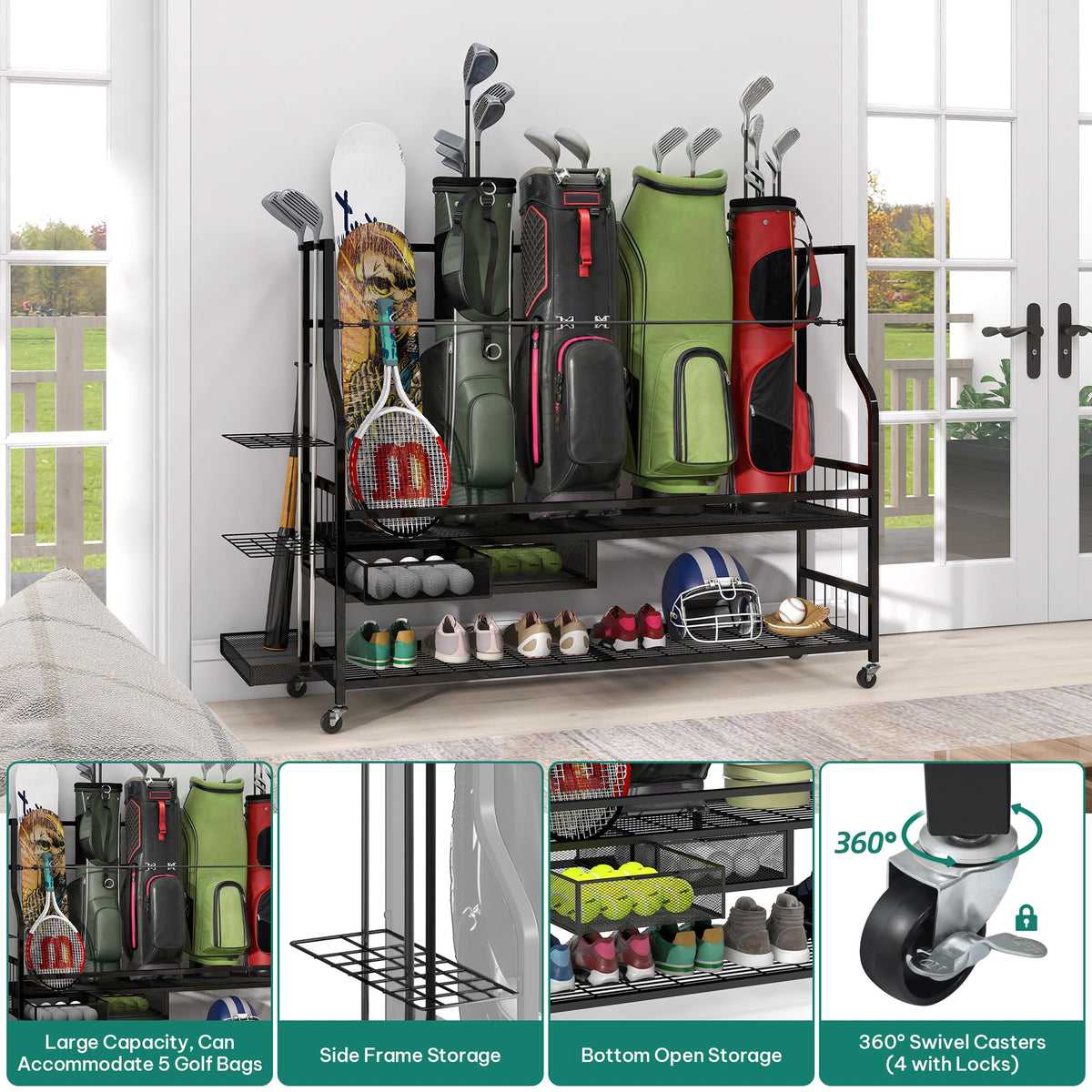 YITAHOME golf bag storage rack side drawer for organized accessories
