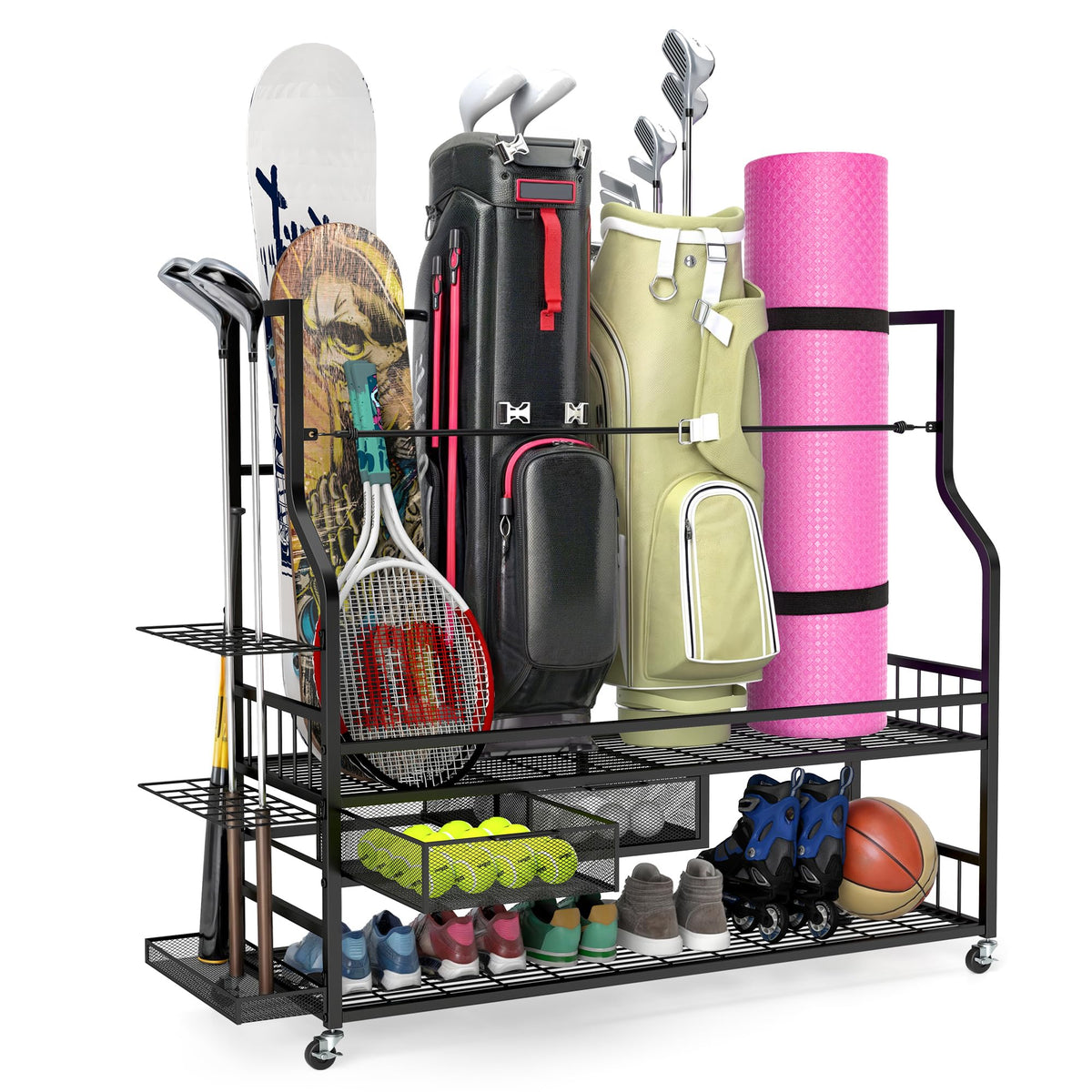 YITAHOME golf bag storage rack with wheels keeps four bags neatly organized for easy access.
