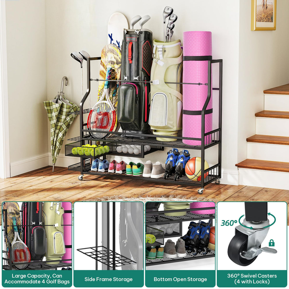 YITAHOME side-storage for golf clubs offers quick access to frequently used equipment.