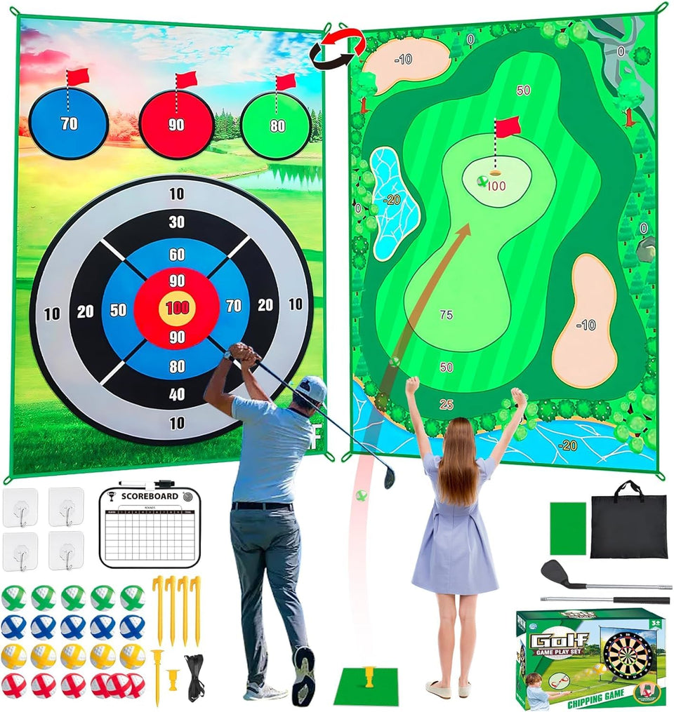 YLPARTCHER golf chipping game mat setup for indoor or outdoor practice.