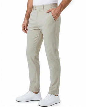 YND pants back view highlights slim silhouette and flat-front design.