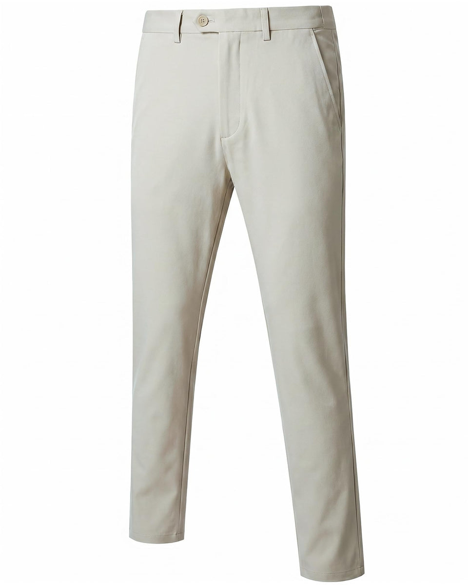 YND men's high-stretch golf pants front view in khaki, lightweight and breathable.
