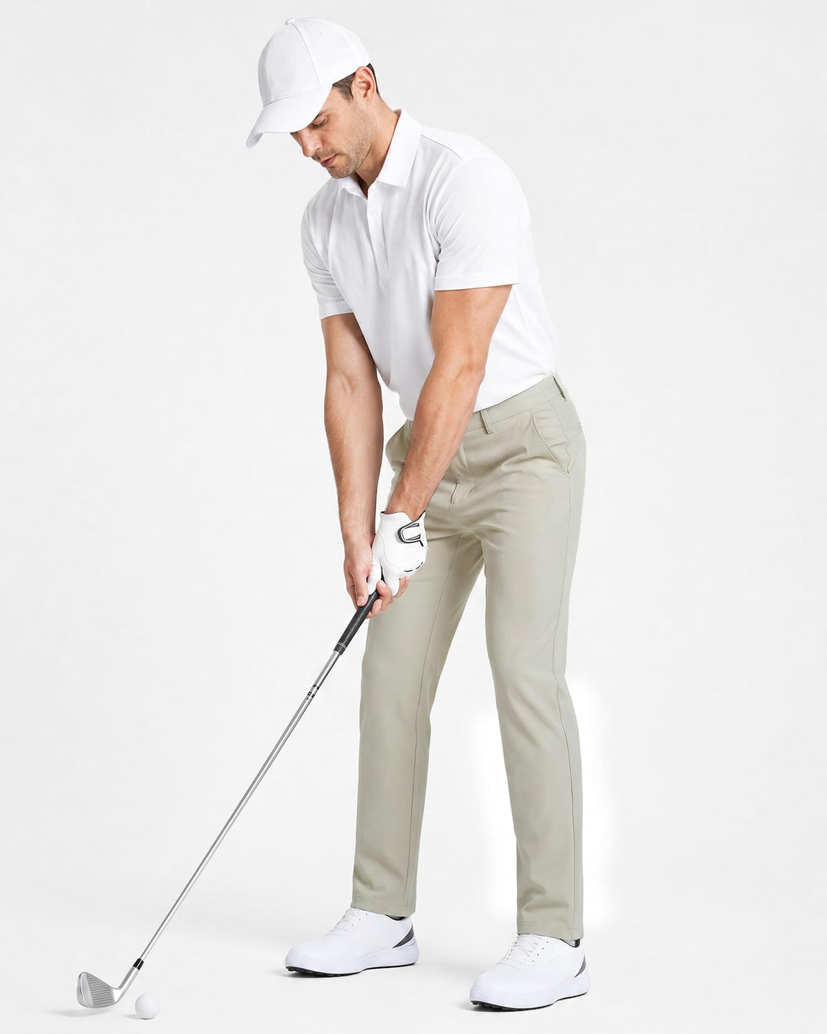 YND pants on model, slim-fit and versatile for golf and daily wear.