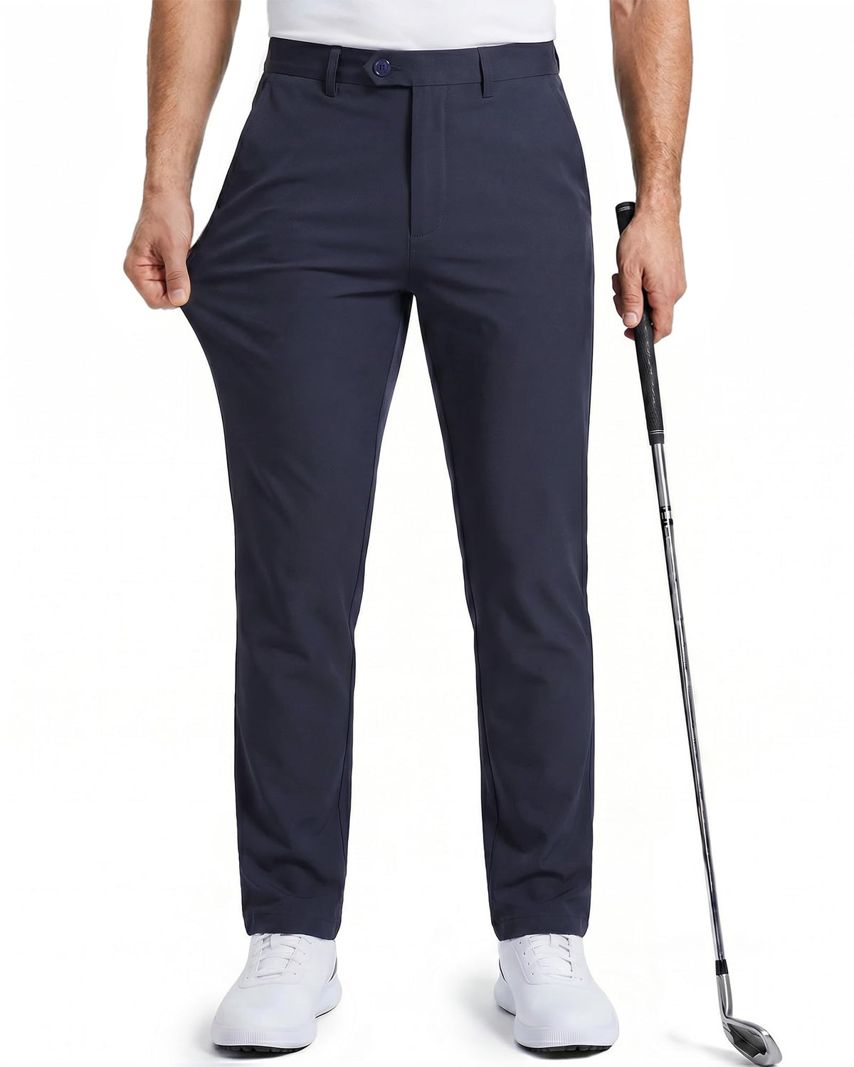 YND slim-fit flat-front design on men’s golf pants for a smart look