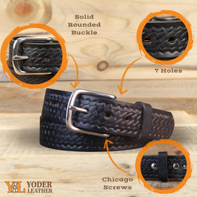 Yoder Basketweave Bridle Belt buckle detail with brass or chrome finish.