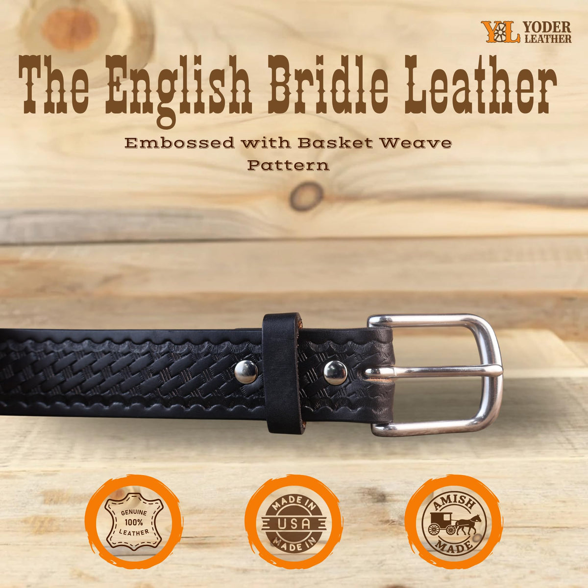 Yoder Basketweave Bridle Belt closeup texture reveals dense English bridle leather.
