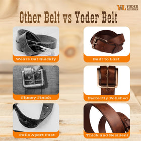 Yoder Leather Company black belt buckle closeup; corrosion-resistant chrome buckle for long-lasting polish.