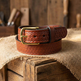 Yoder Leather Company black belt front view; chrome buckle for sleek office-to-outdoor style.