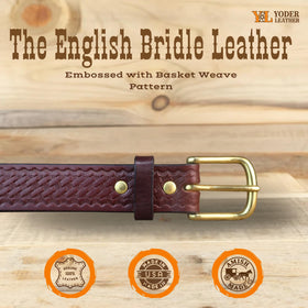Yoder Leather Company basketweave bridle belt brown side view; strong core for utility outfits.