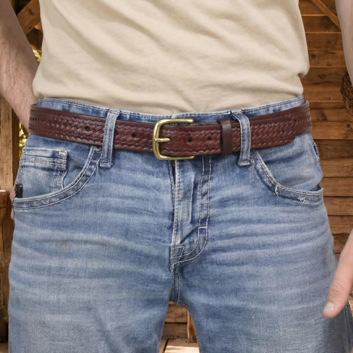 Yoder Leather Company basketweave texture detail on brown belt; reinforced strength for daily tasks.