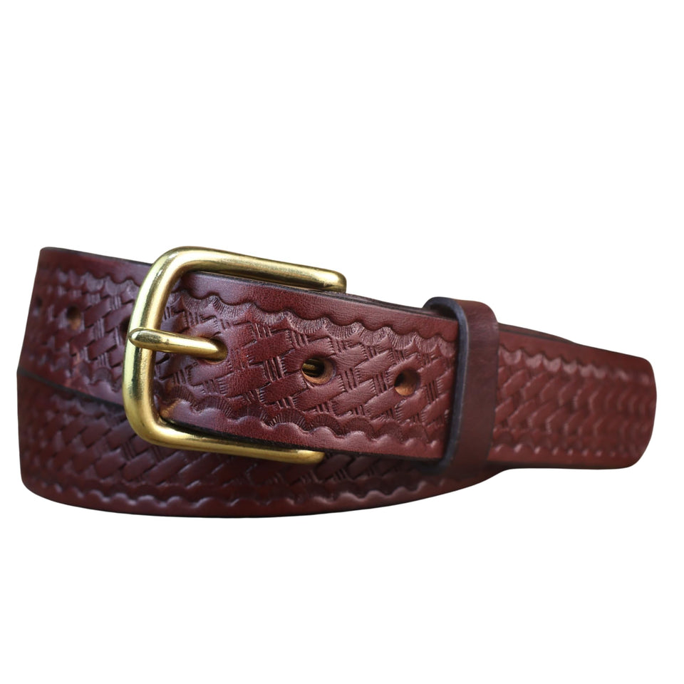 Yoder Leather basketweave bridle belt brown closeup showing embossed texture and thick construction.