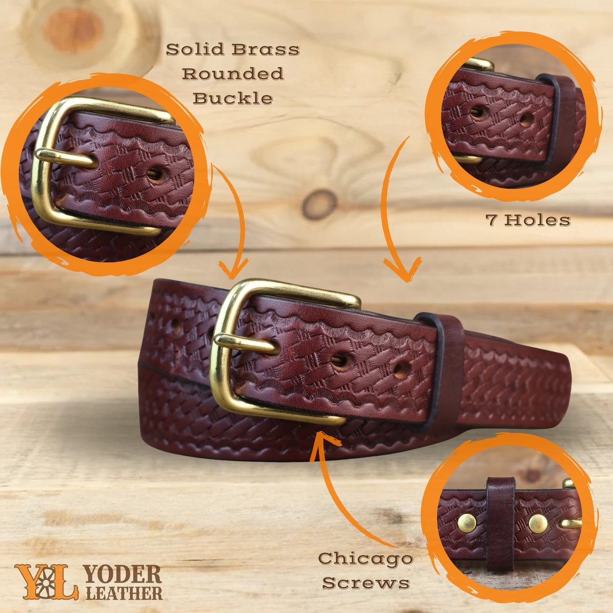 Yoder Leather basketweave bridle belt black full view with chrome buckle.