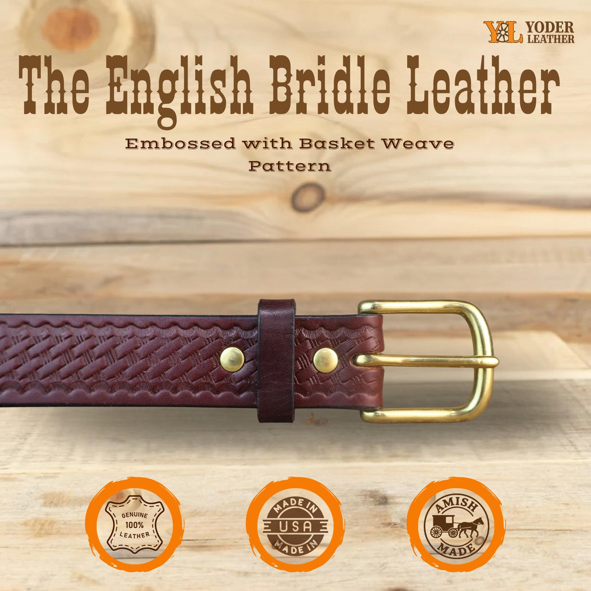 Yoder Leather basketweave bridle belt brown full view highlighting classic style and durability.