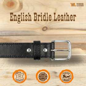 Yoder Leather belt side view highlights 1.5-inch width for versatile wear.