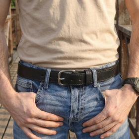 Yoder Leather belt with removable Chicago screws for easy buckle maintenance.