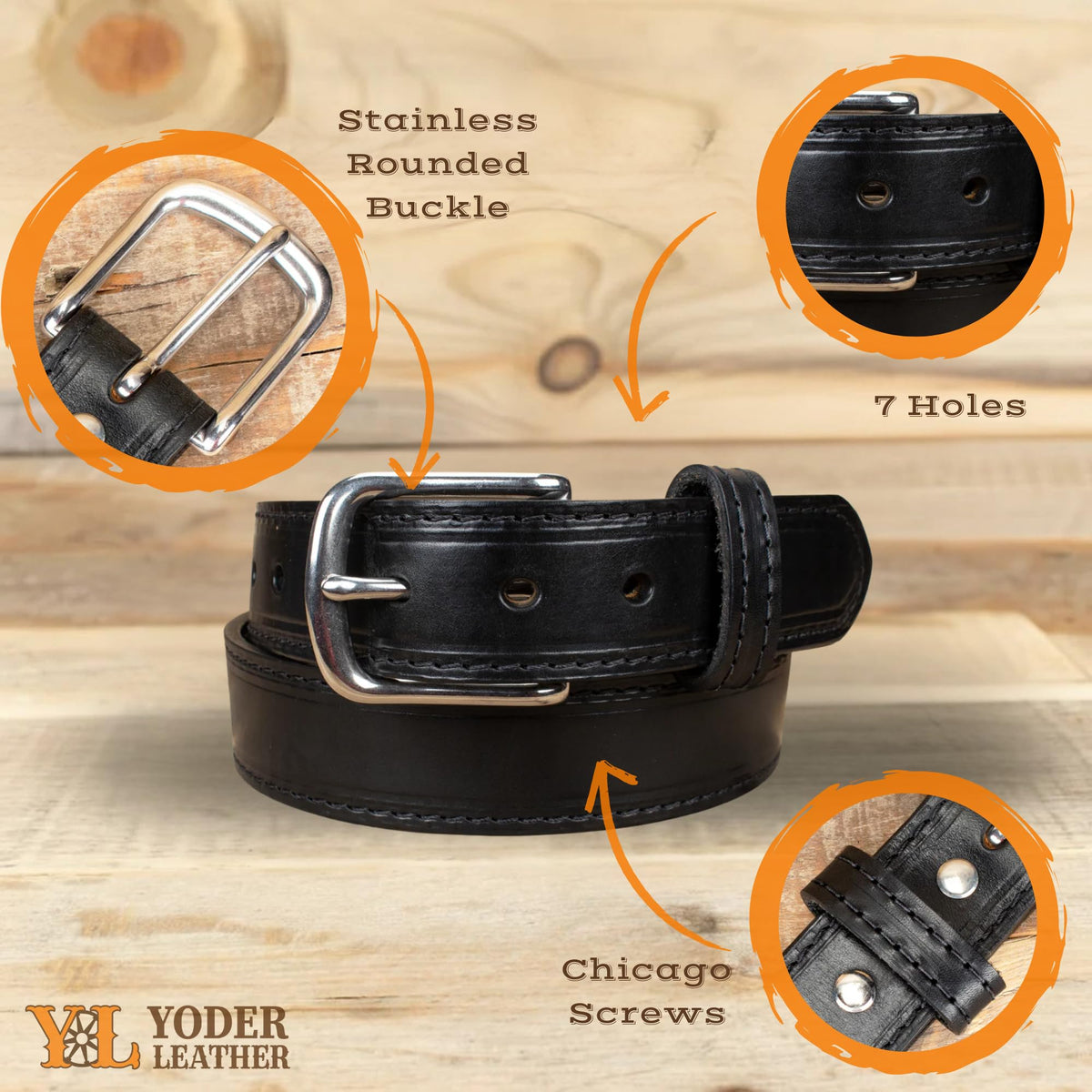 Yoder Leather belt buckle detail showcases chrome buckle option on black leather.