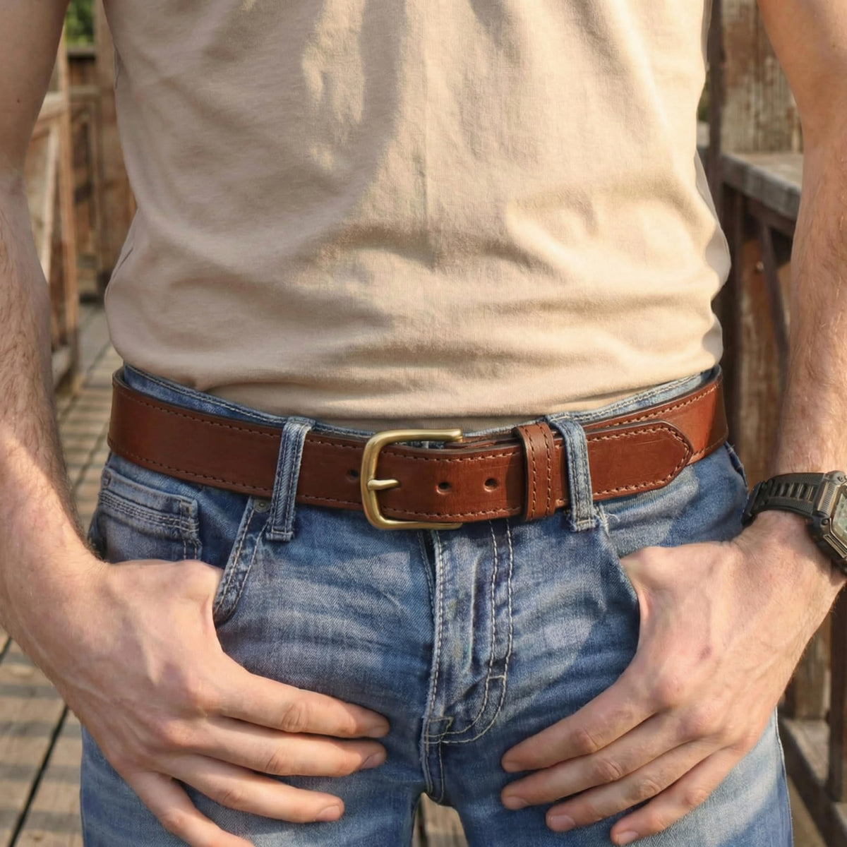 Yoder Leather brown belt with brass buckle offers a rugged, timeless look