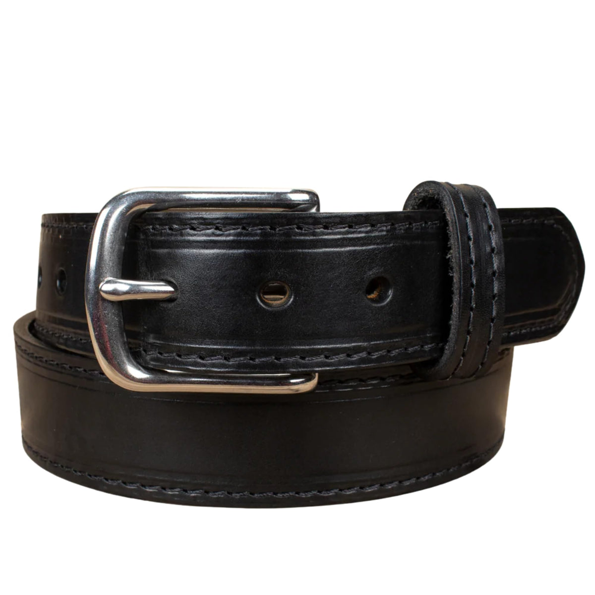 Yoder Leather Company belt close-up showing reinforced stitching for durability.