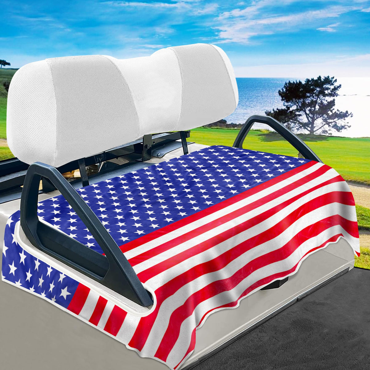 YOKYHOM American flag golf cart seat cover on a 2-seat cart protects seats and stays cool.