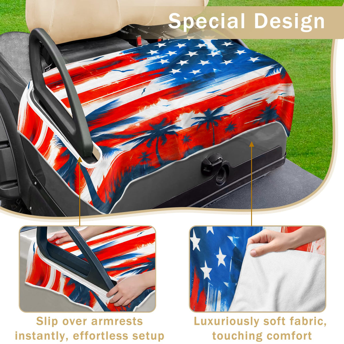 YOKYHOM American flag seat cover on a 4-seater showing quick-fit design.