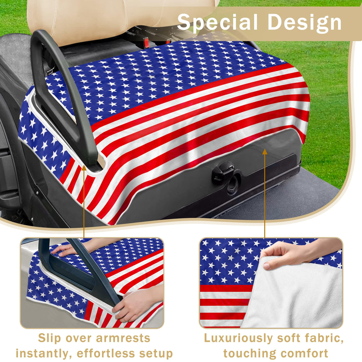 YOKYHOM American flag seat cover on a 4-seater cart keeps upholstery clean.
