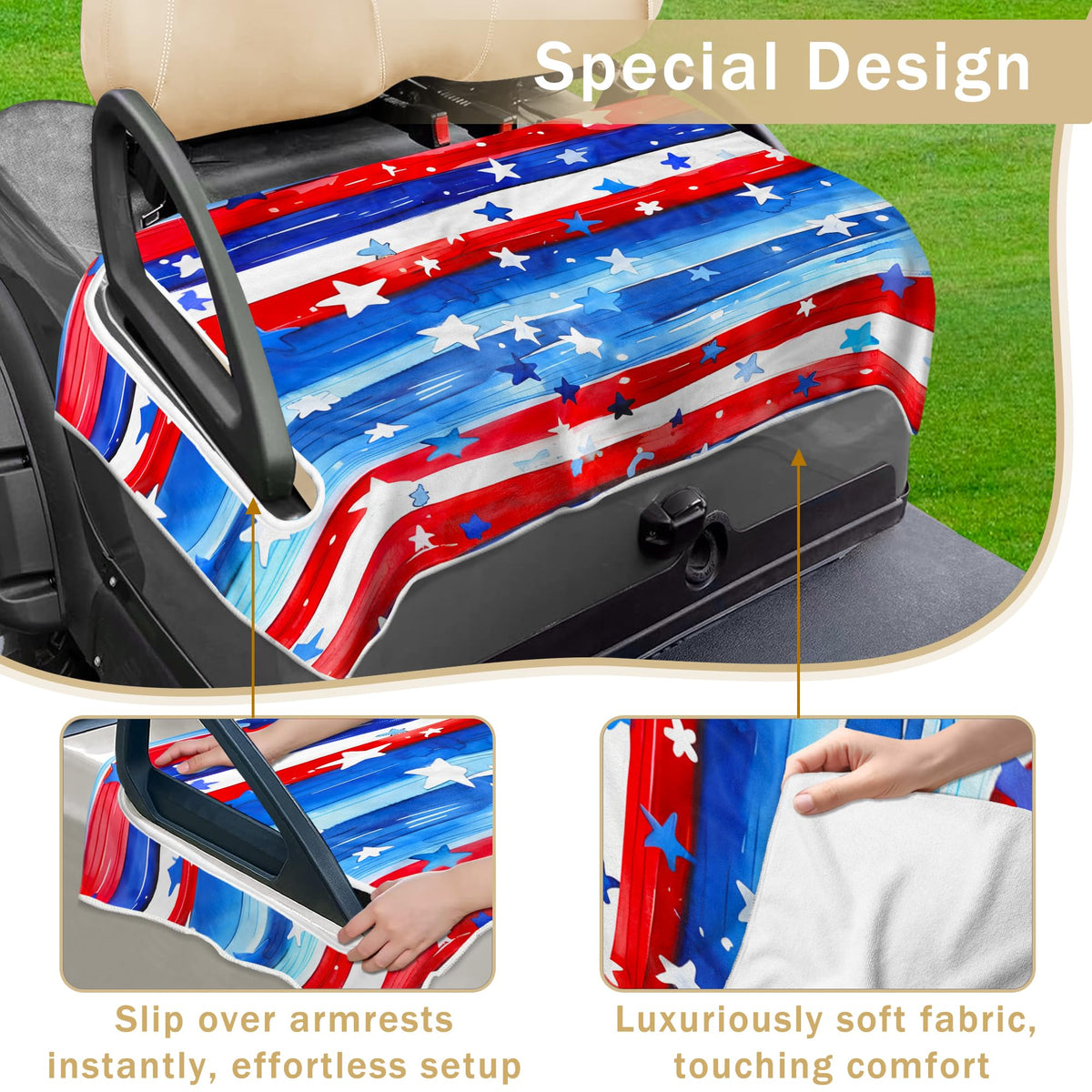 YOKYHOM American flag seat cover for 4-seat golf carts protects larger seating areas with flair.
