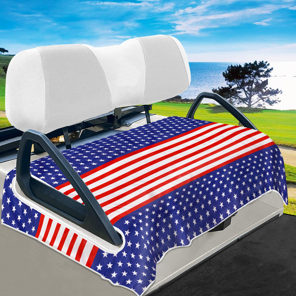 YOKYHOM American flag seat cover on a 2-seater golf cart, durable and stylish.