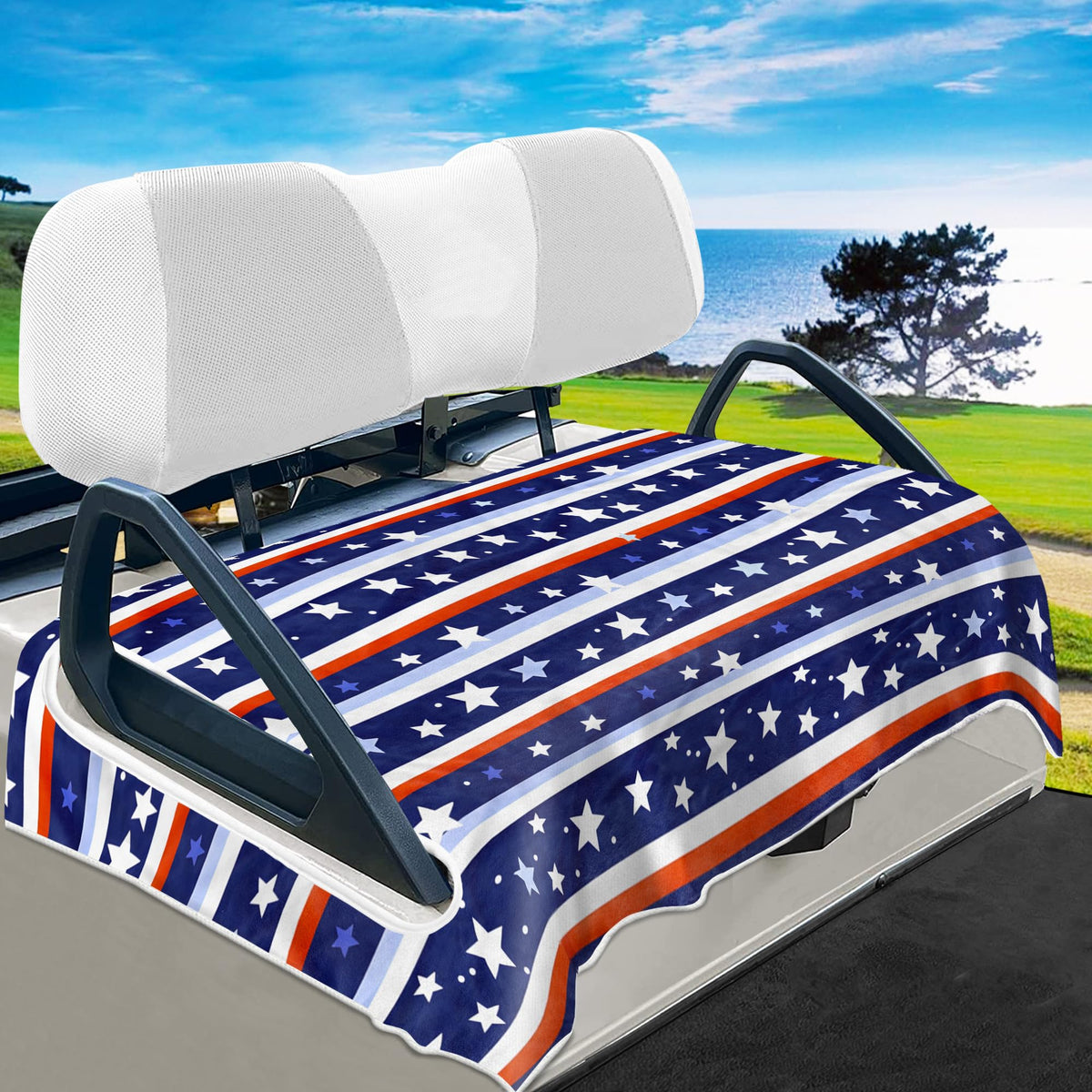 YOKYHOM American flag seat cover on 2-seater golf cart, front view for stylish protection.