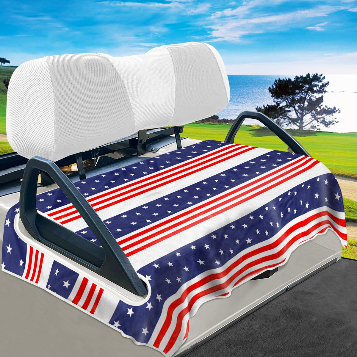 YOKYHOM American flag seat cover on a 2-seater golf cart provides durable seat protection.