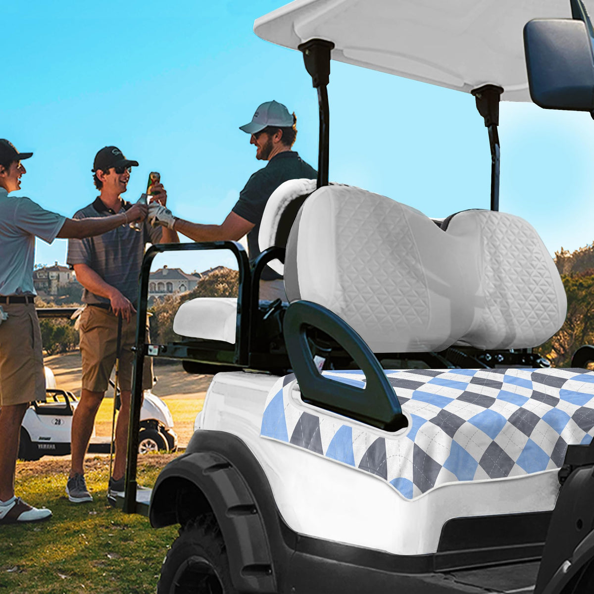 Timeless blue gray plaid YOKYHOM seat cover on a golf cart
