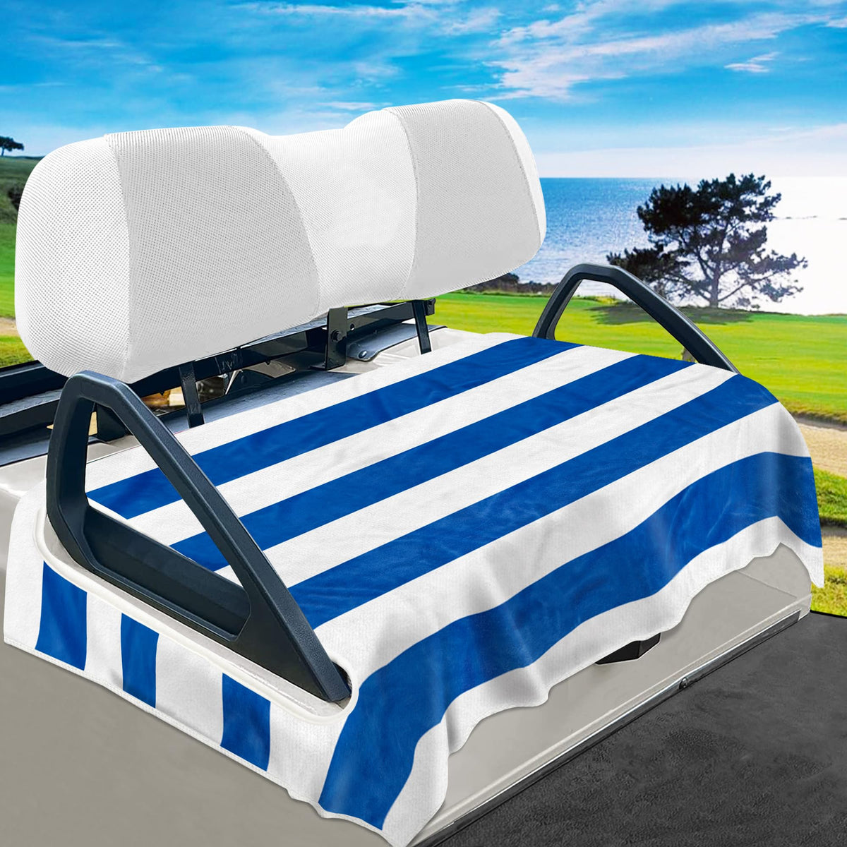 YOKYHOM golf cart seat cover with blue stripes protects seats in sun and rain.