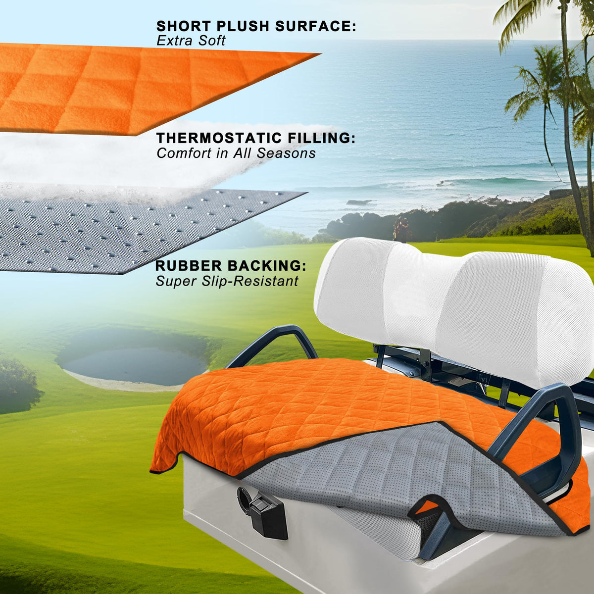 YOKYHOM golf cart seat covers orange back view highlighting non-slip backing.