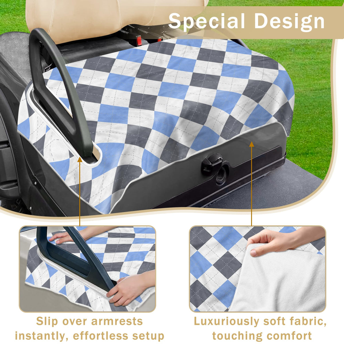 Blue gray plaid microfiber towel blanket for four-seat golf carts by YOKYHOM