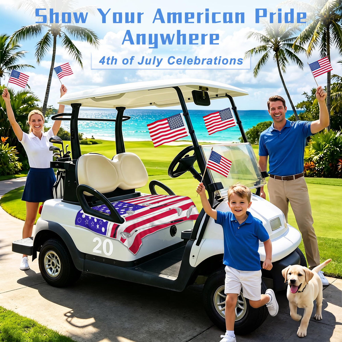 YOKYHOM holiday-ready golf cart decor for Independence Day parades and events.