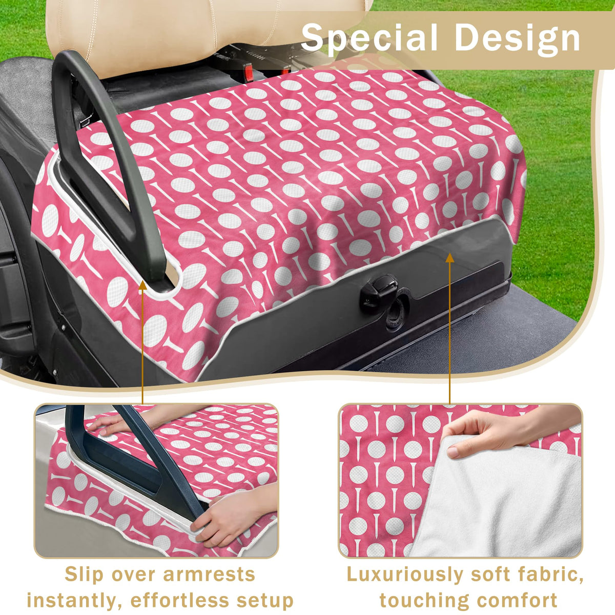 YOKYHOM stripe-pattern seat cover being installed on a 2-seater cart