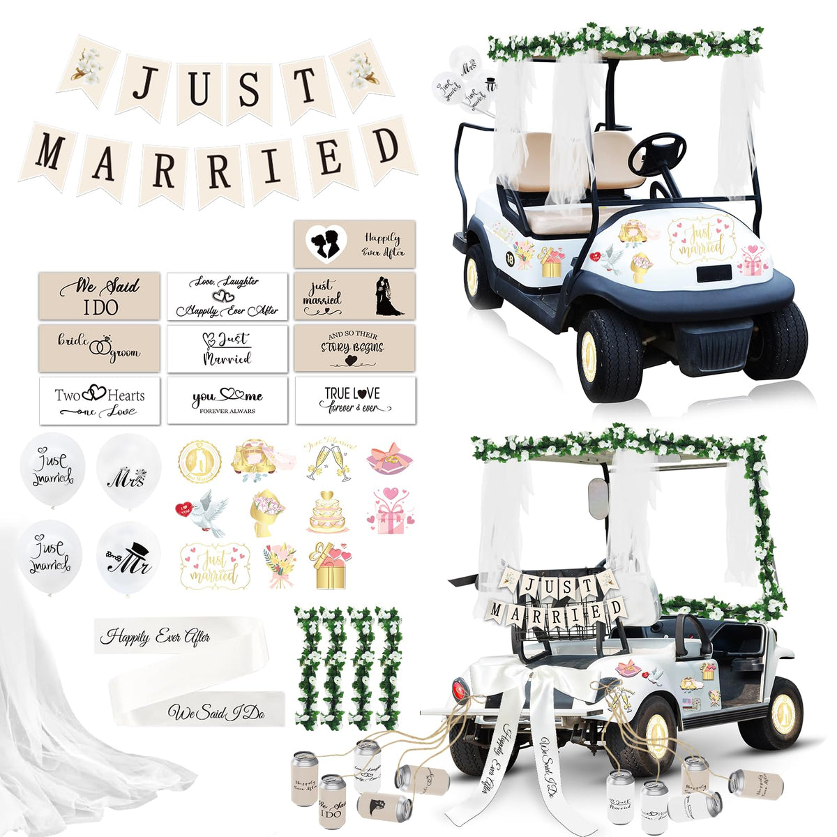 Yoloodayy Just Married banner adds wedding charm to a golf cart.