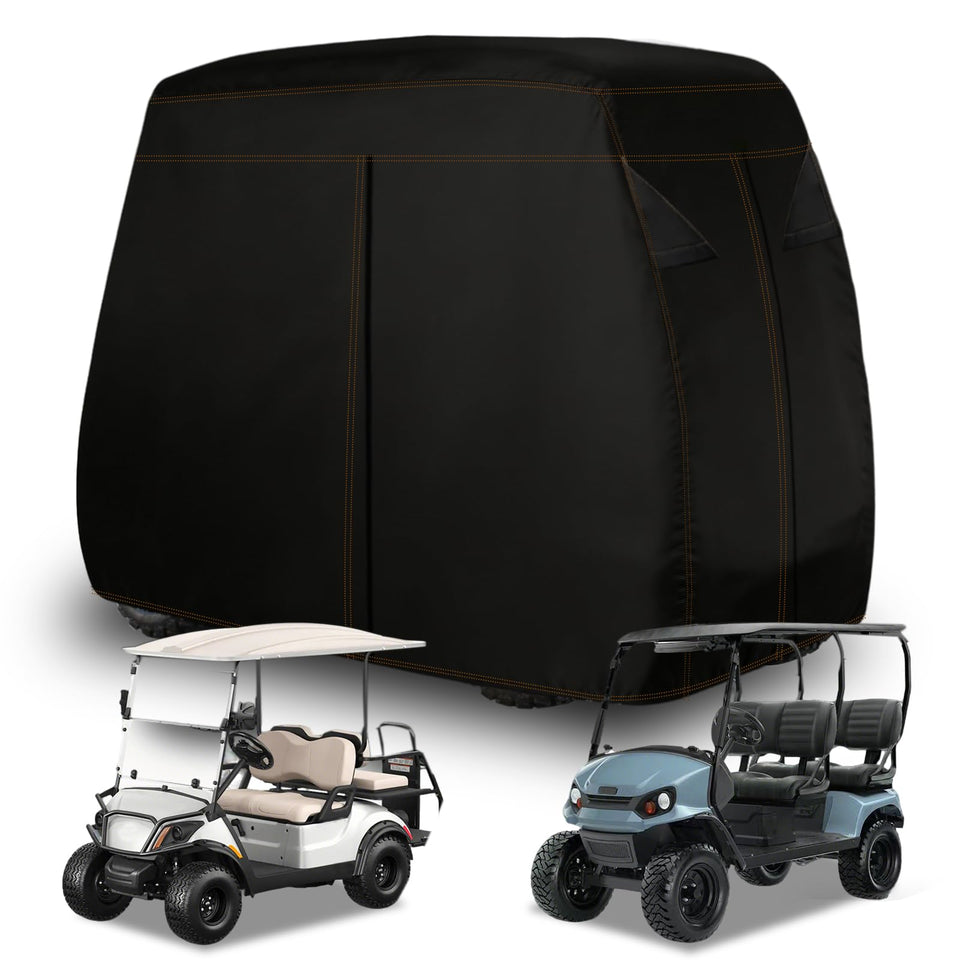 YONQIFON universal golf cart cover with extended roof protects from rain and sun.