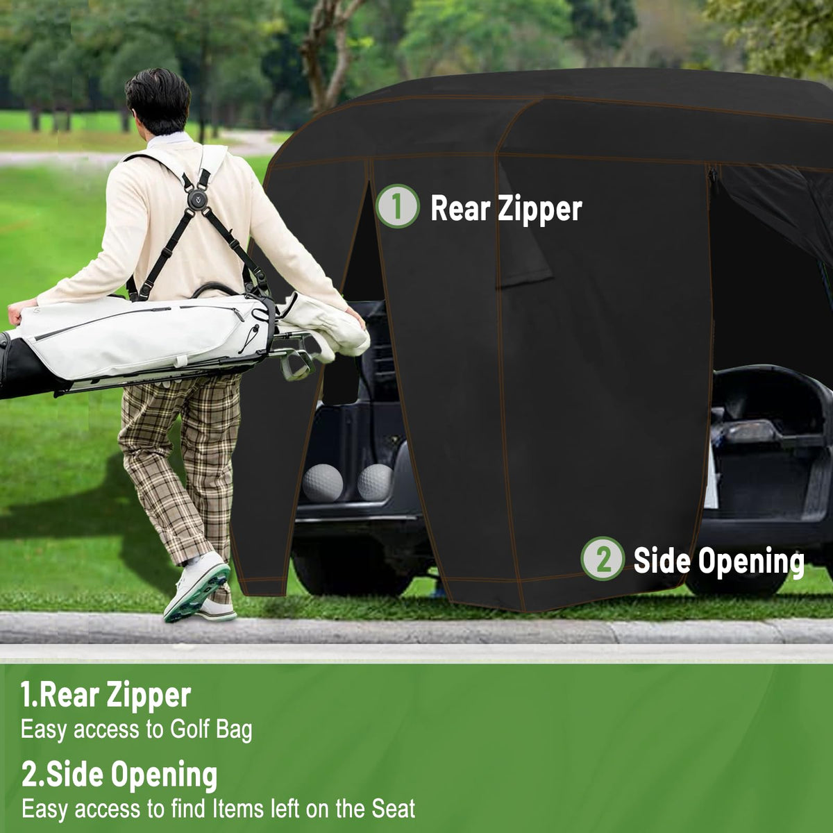 YONQIFON golf cart cover with zip design for easy folding and access.