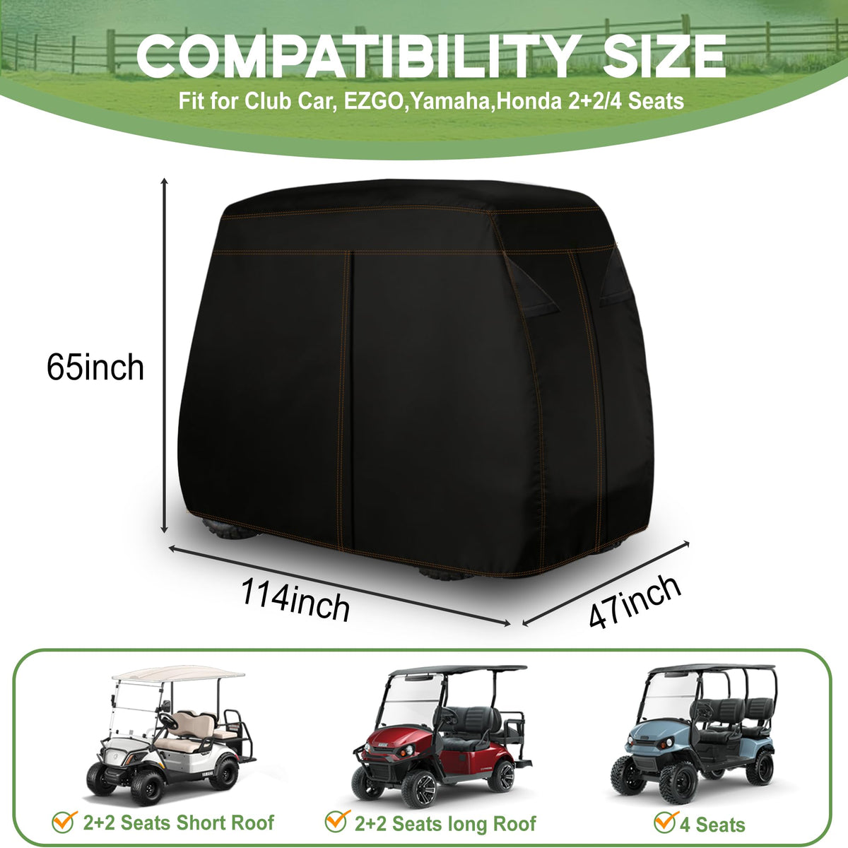 Durable Oxford fabric shields against wind, dust, and snow for golf carts.