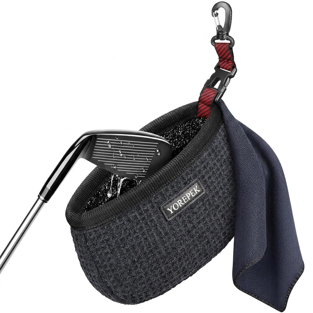 YOREPEK golf club cleaner bag with towel keeps clubs and balls spotless on the course.