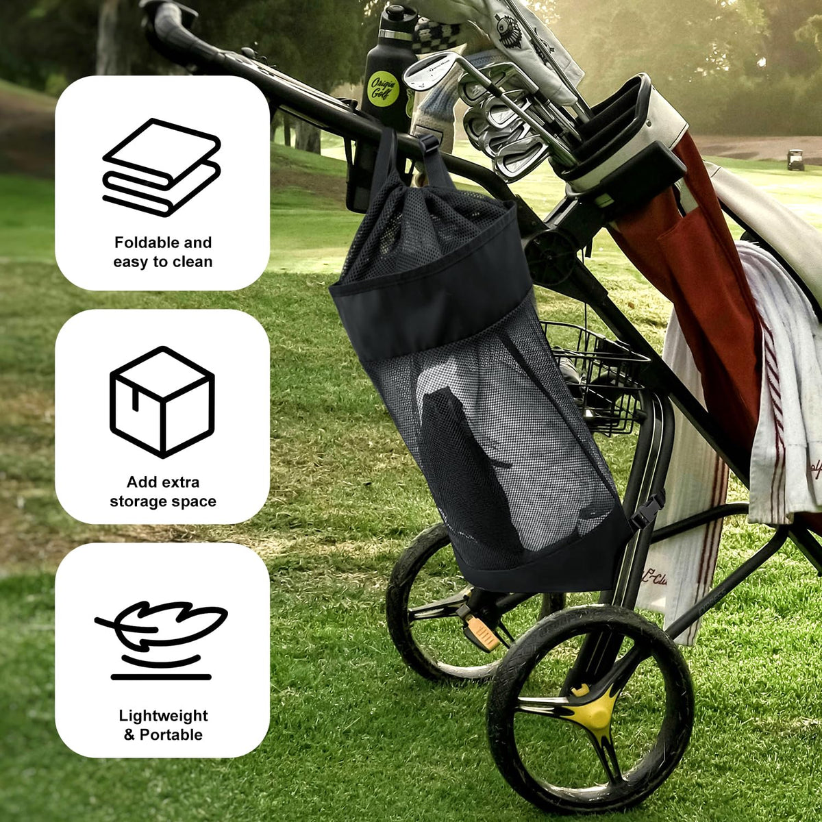YoSonwChing storage bag shows three-point buckle system securing to most carts
