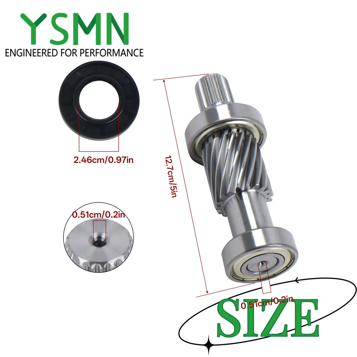 YSMN metal alloy shaft close-up highlights high-strength construction for reliable performance.
