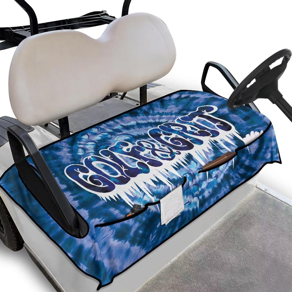 Yspwyqan blue tie-dye seat cover on a golf cart for stylish seat protection.