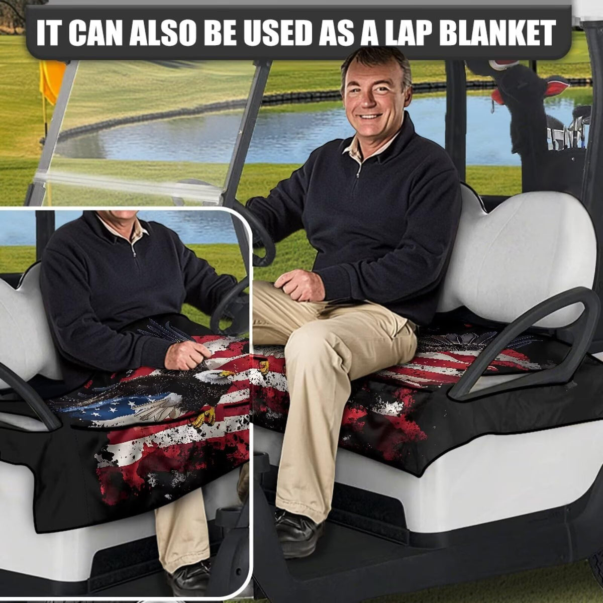 Easy to install Yspwyqan Eagle Flag seat cover on most golf carts